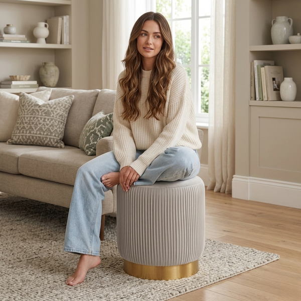 Regal Beige Velvet Round Pouf