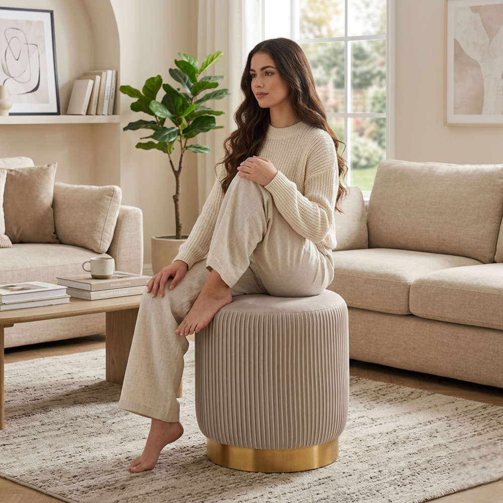 Regal Beige Velvet Round Pouf