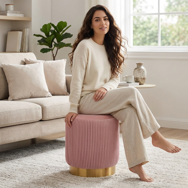 Regal Pink Velvet Round Pouf