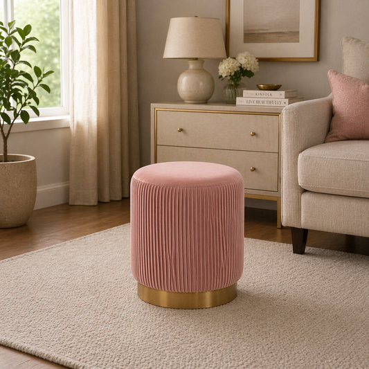 Regal Pink Velvet Round Pouf