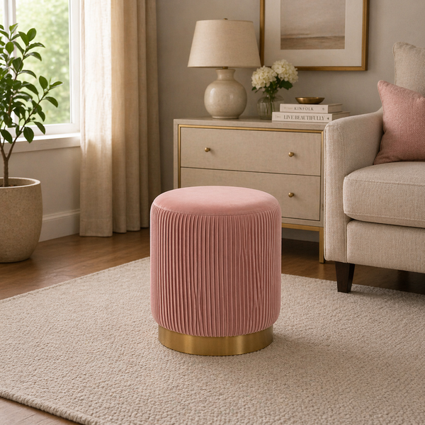 Regal Pink Velvet Round Pouf