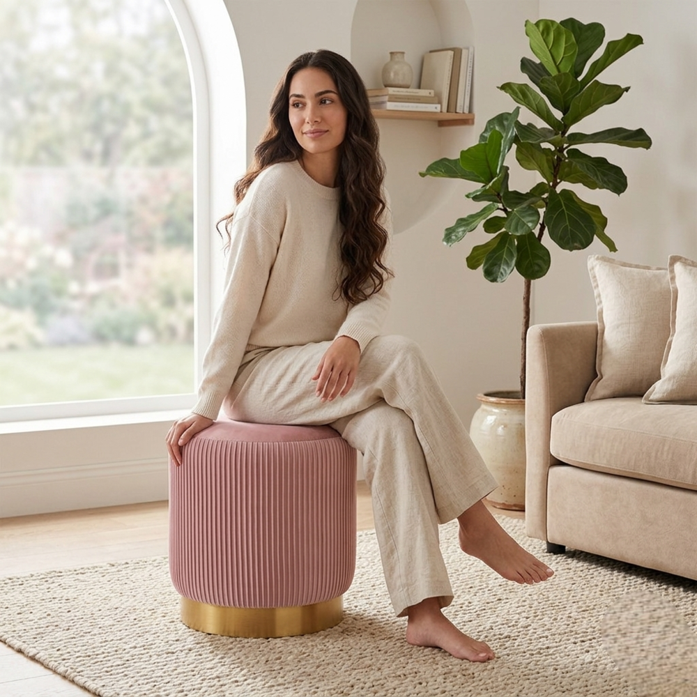 Regal Pink Velvet Round Pouf