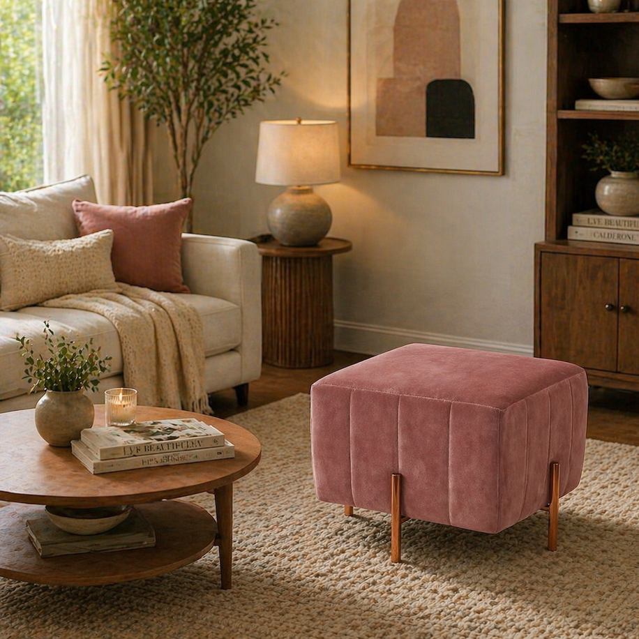 Nova Pink Velvet Fluted Wooden Ottoman