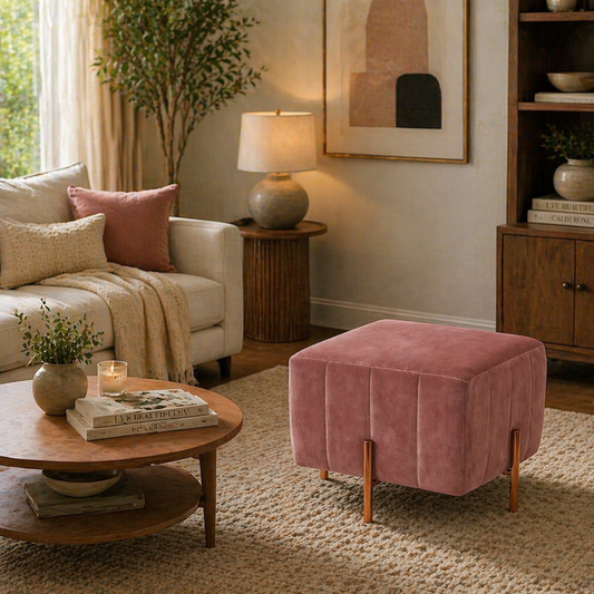 Nova Pink Velvet Fluted Wooden Ottoman