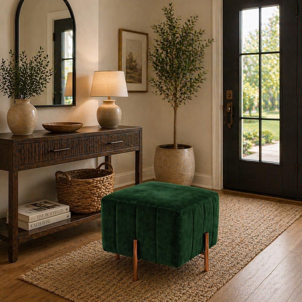 Nova Green Velvet Fluted Wooden Ottoman