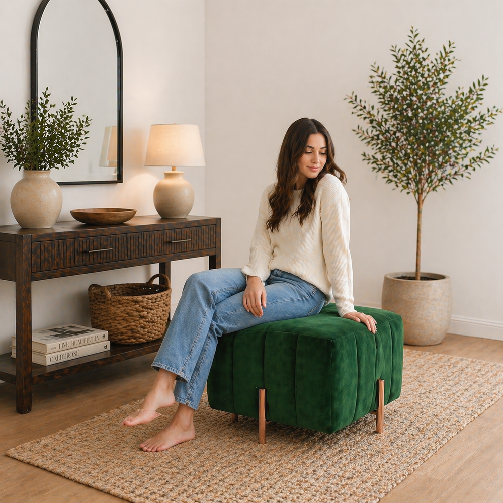 Nova Green Velvet Fluted Wooden Ottoman