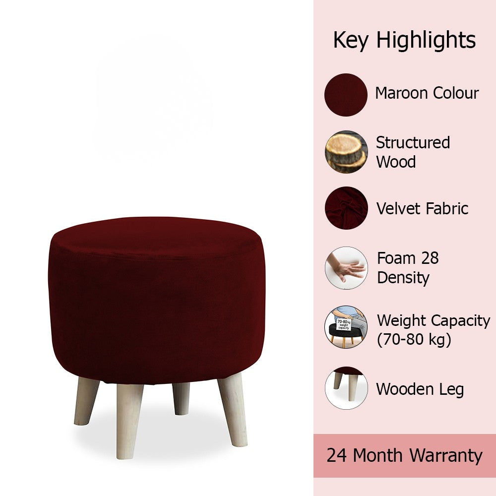 Urban Maroon Velvet Round Wooden Ottoman