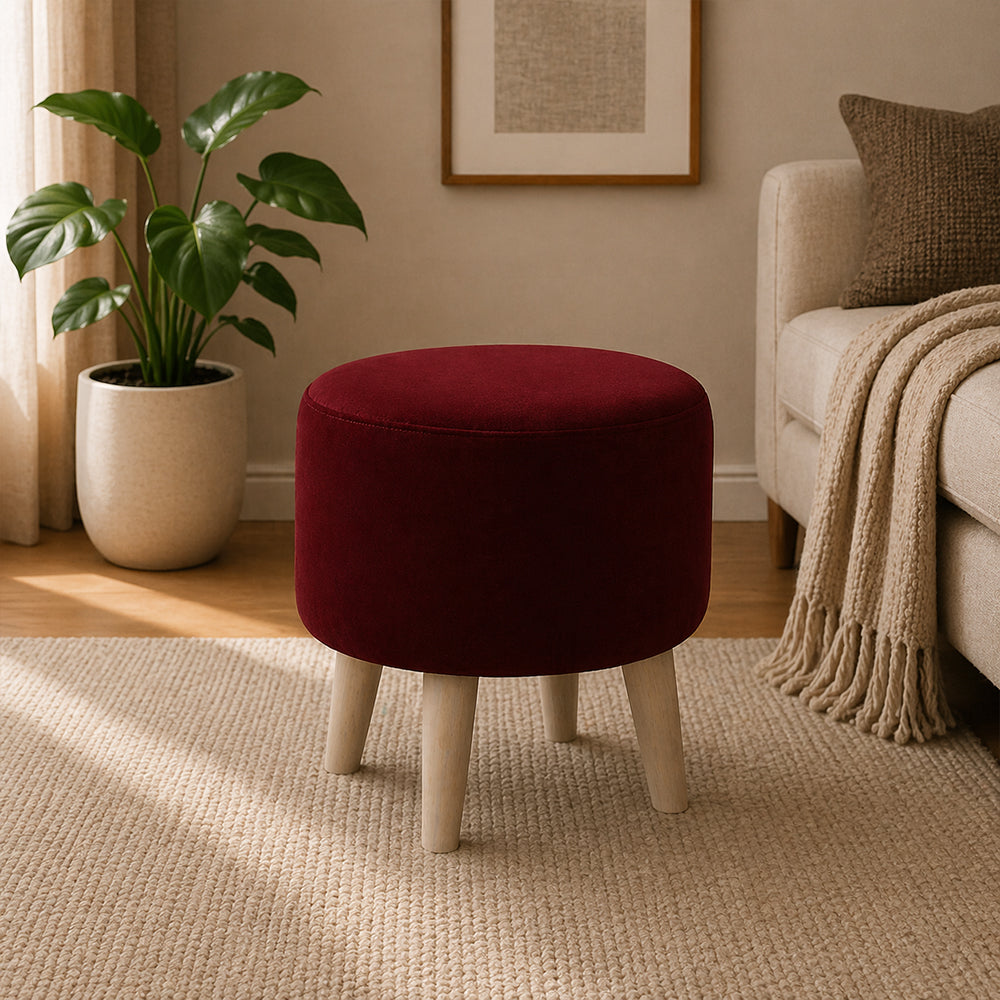 Urban Maroon Velvet Round Wooden Ottoman