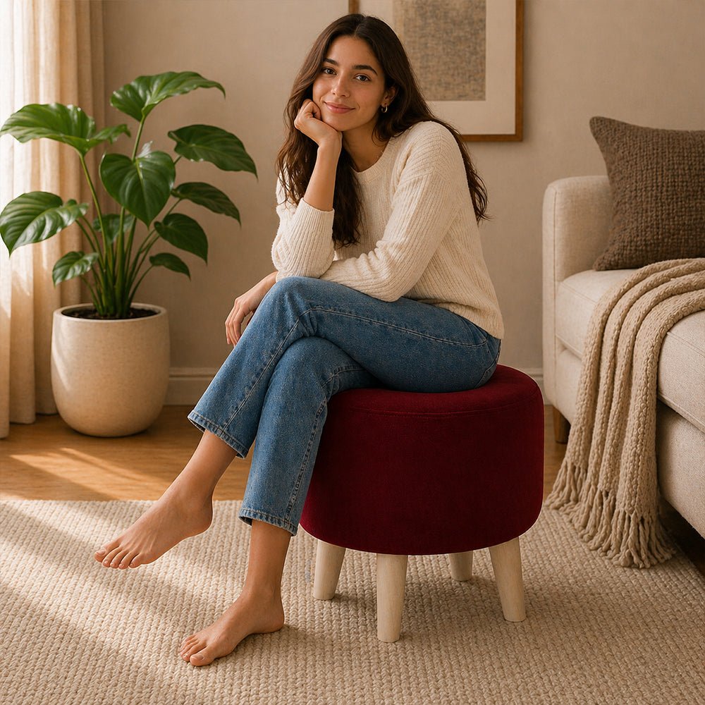Urban Maroon Velvet Round Wooden Ottoman