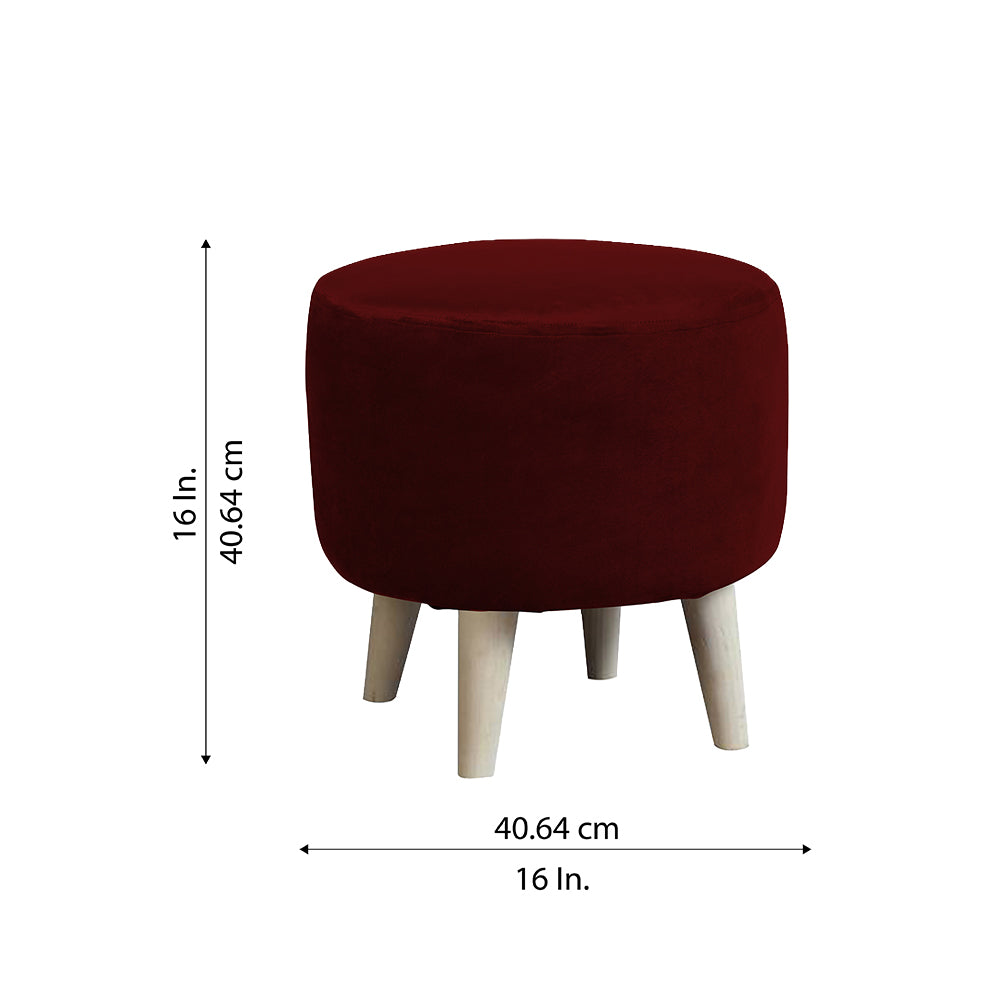 Urban Maroon Velvet Round Wooden Ottoman