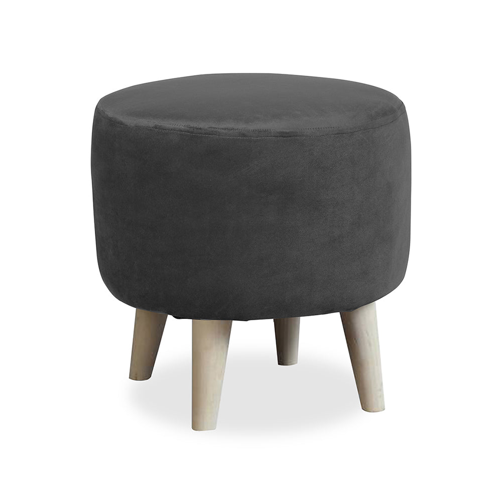 Urban Grey Velvet Round Wooden Ottoman