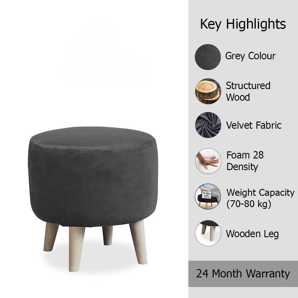 Urban Grey Velvet Round Wooden Ottoman
