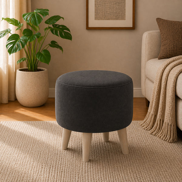Urban Grey Velvet Round Wooden Ottoman