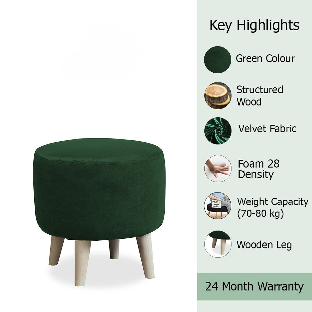Urban Green Velvet Round Wooden Ottoman
