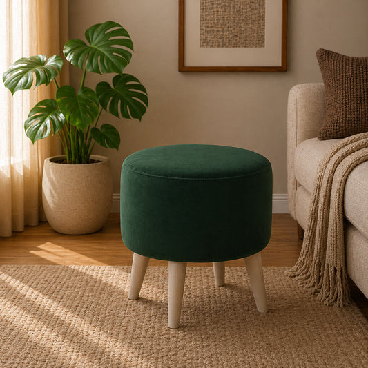Urban Green Velvet Round Wooden Ottoman