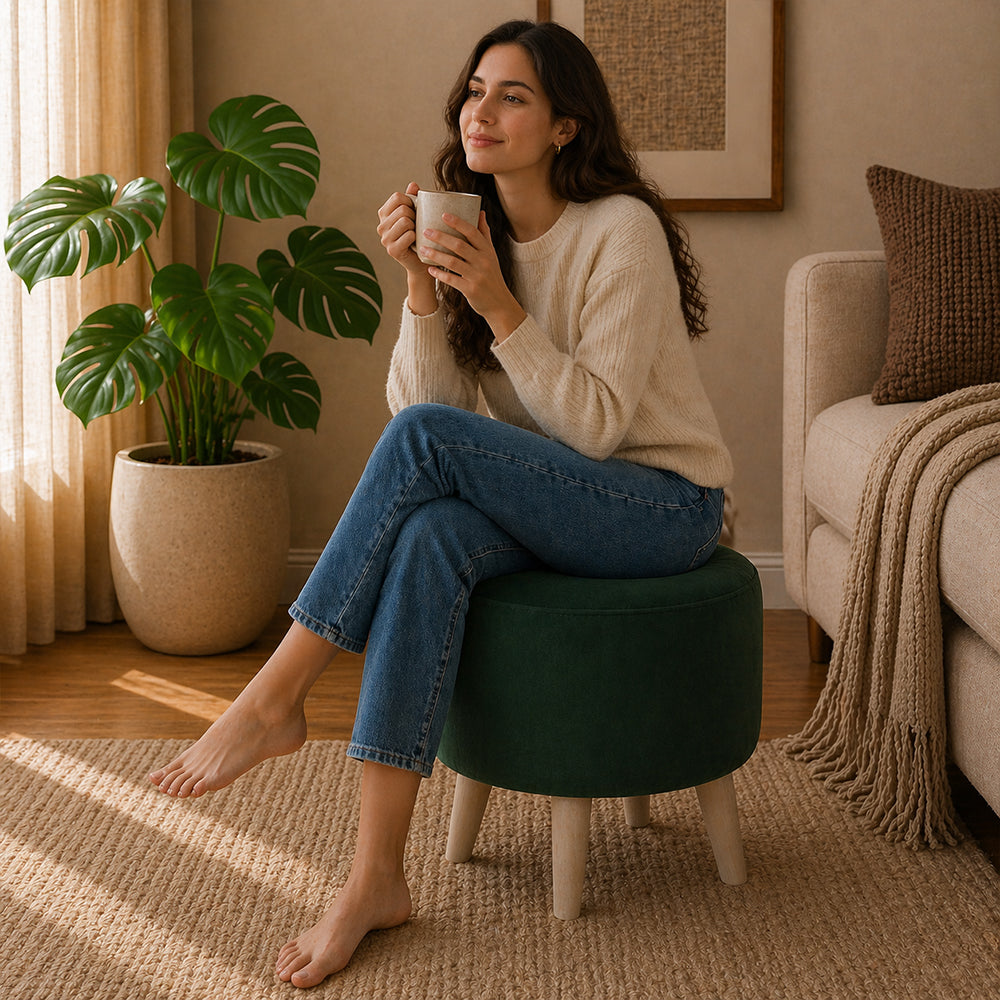Urban Green Velvet Round Wooden Ottoman