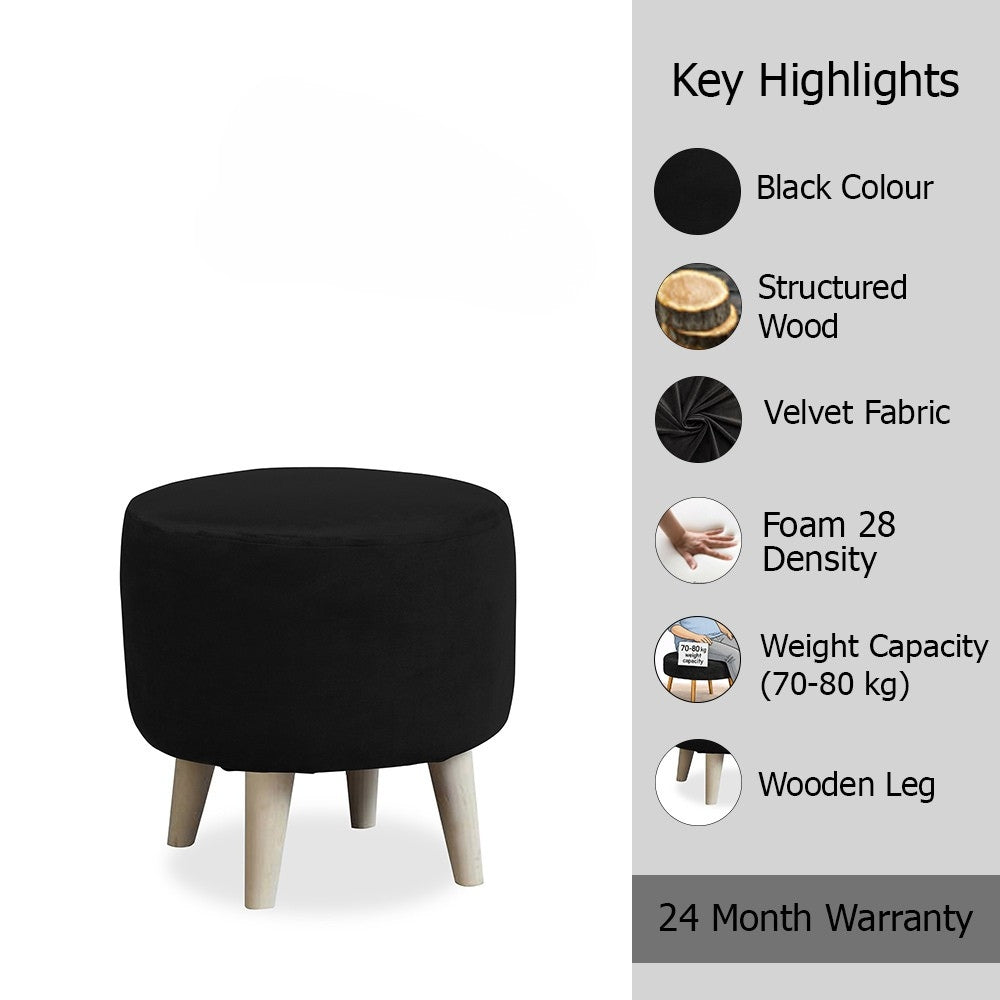 Urban Black Velvet Round Wooden Ottoman
