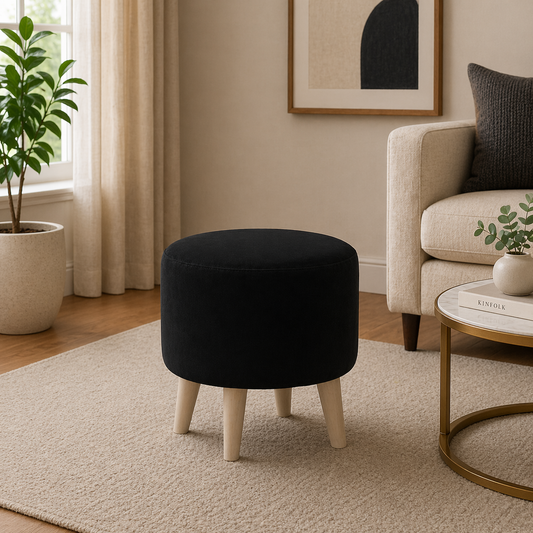 Urban Black Velvet Round Wooden Ottoman