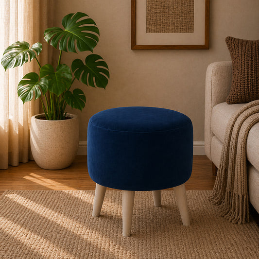 Urban Blue Velvet Round Wooden Ottoman