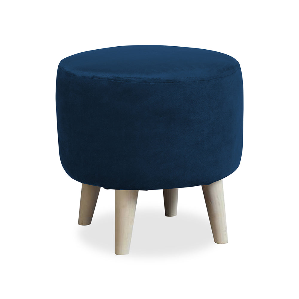 Urban Blue Velvet Round Wooden Ottoman