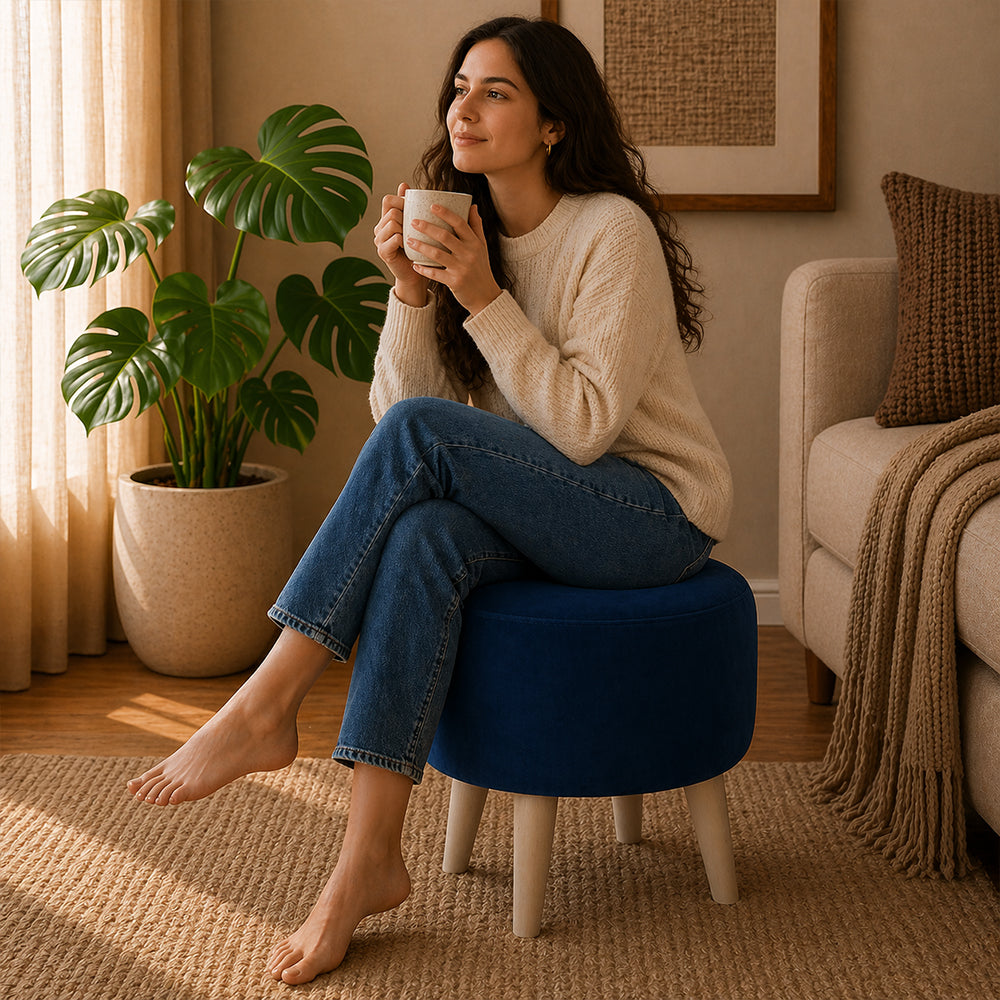 Urban Blue Velvet Round Wooden Ottoman