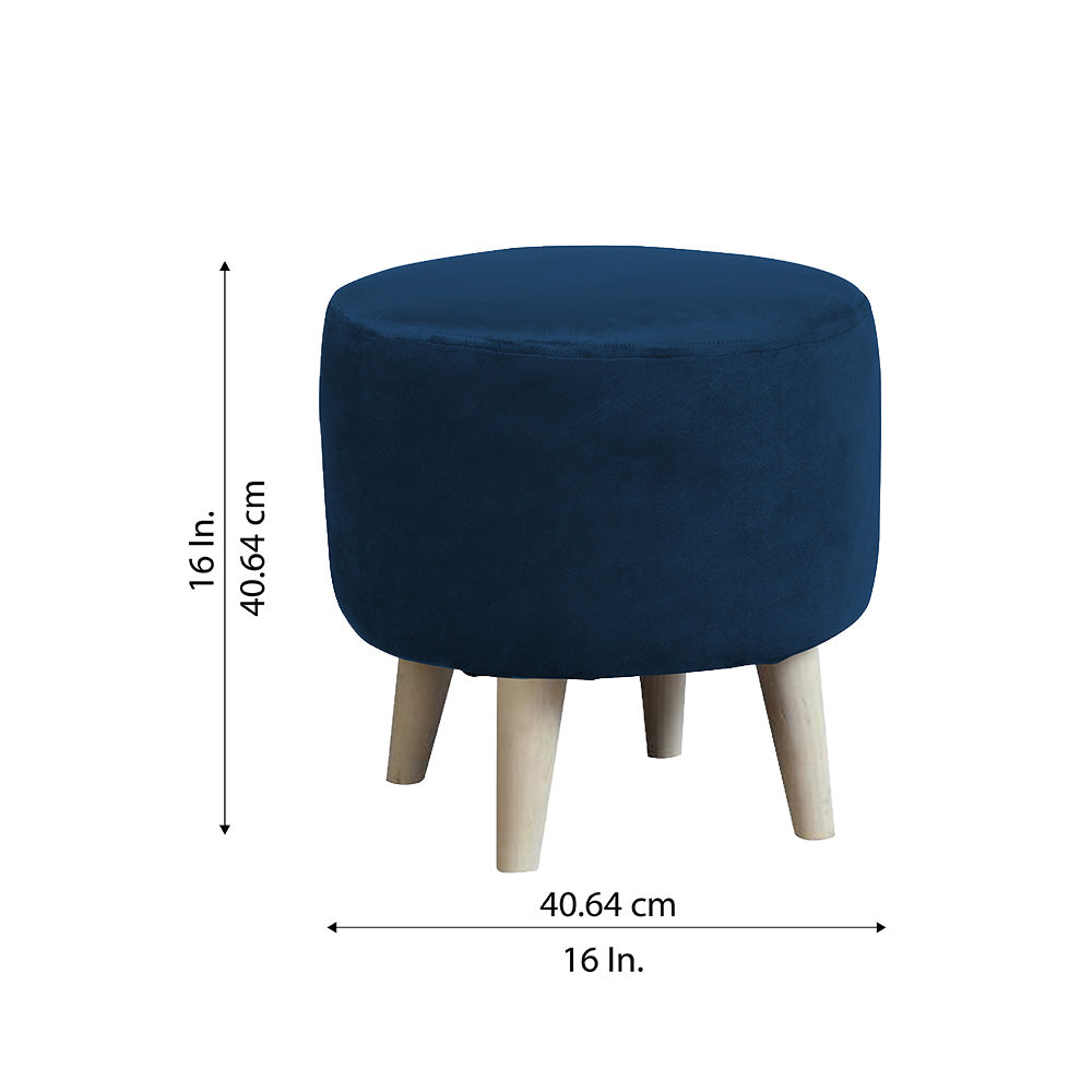 Urban Blue Velvet Round Wooden Ottoman