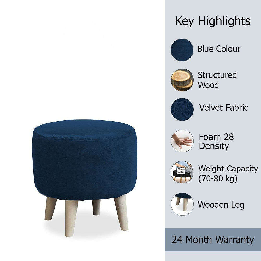 Urban Blue Velvet Round Wooden Ottoman