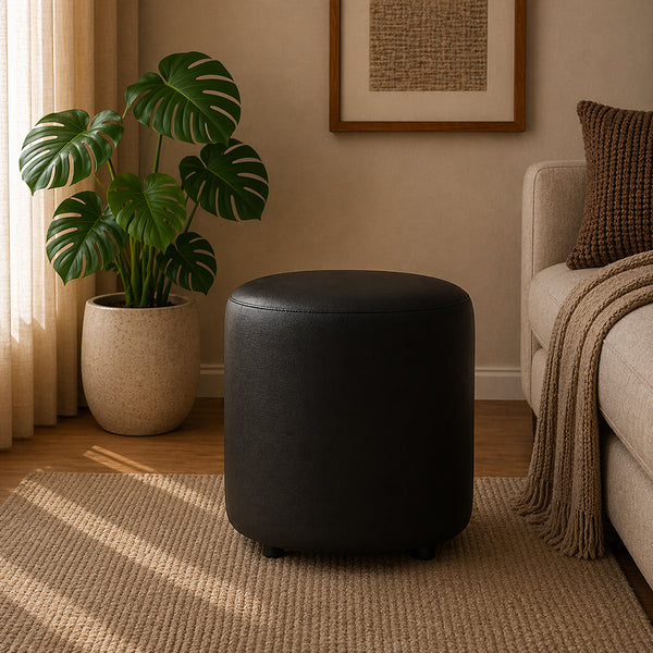 Urban Black Leather Round Pouf