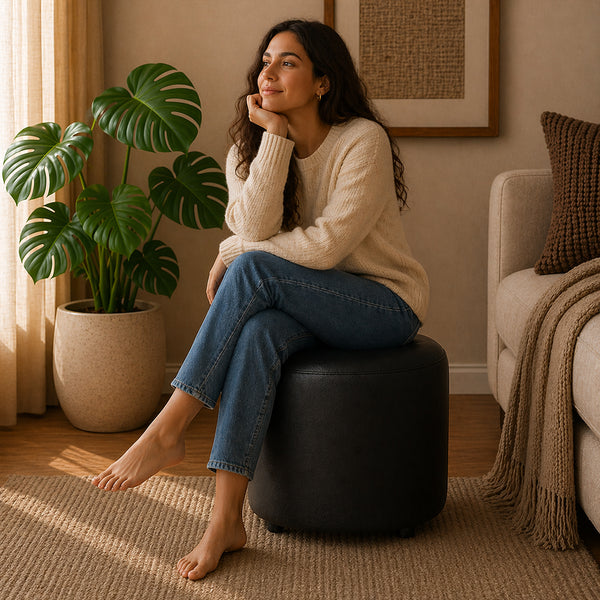 Urban Black Leather Round Pouf