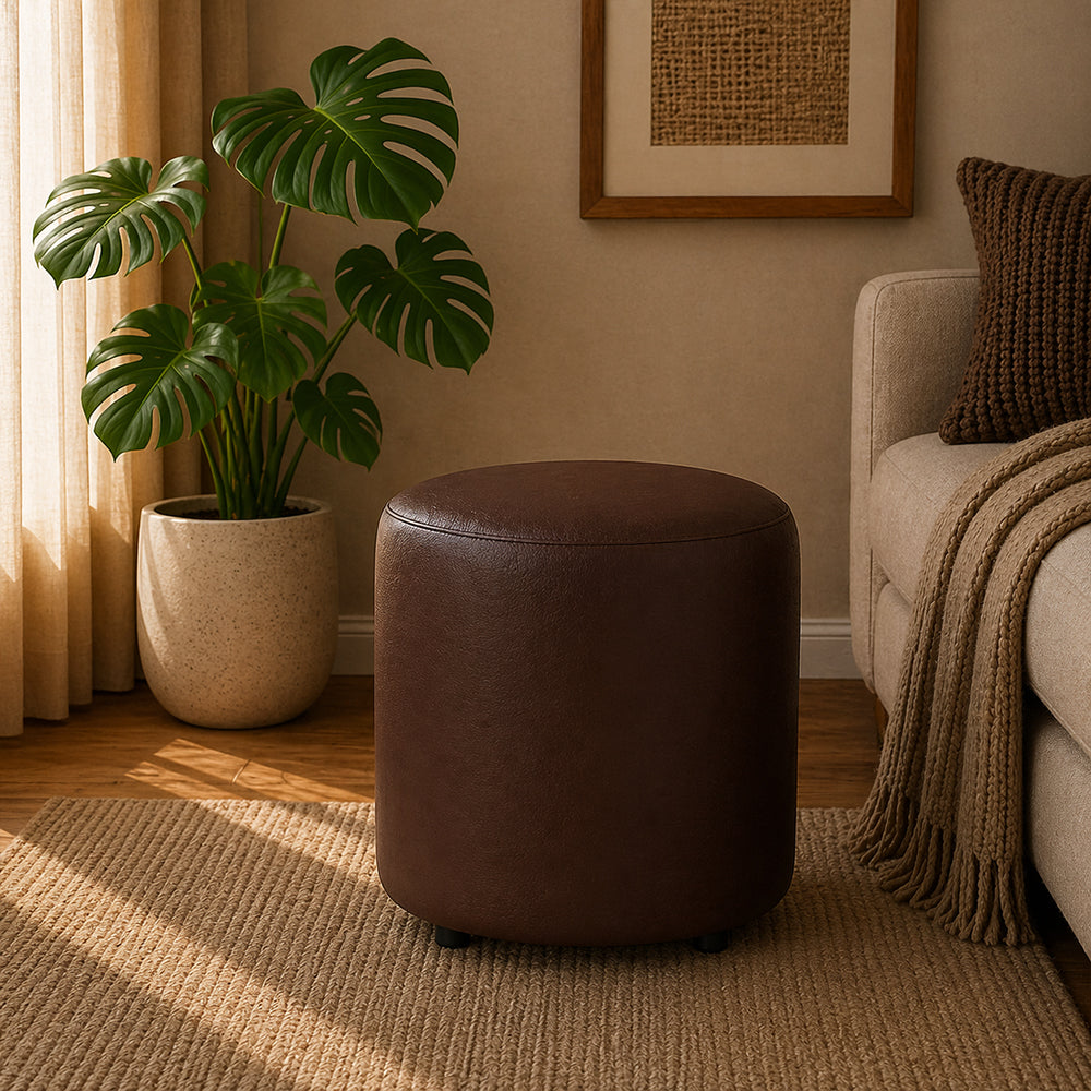 Urban Brown Leather Round Pouf