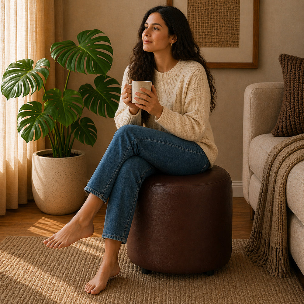 Urban Brown Leather Round Pouf
