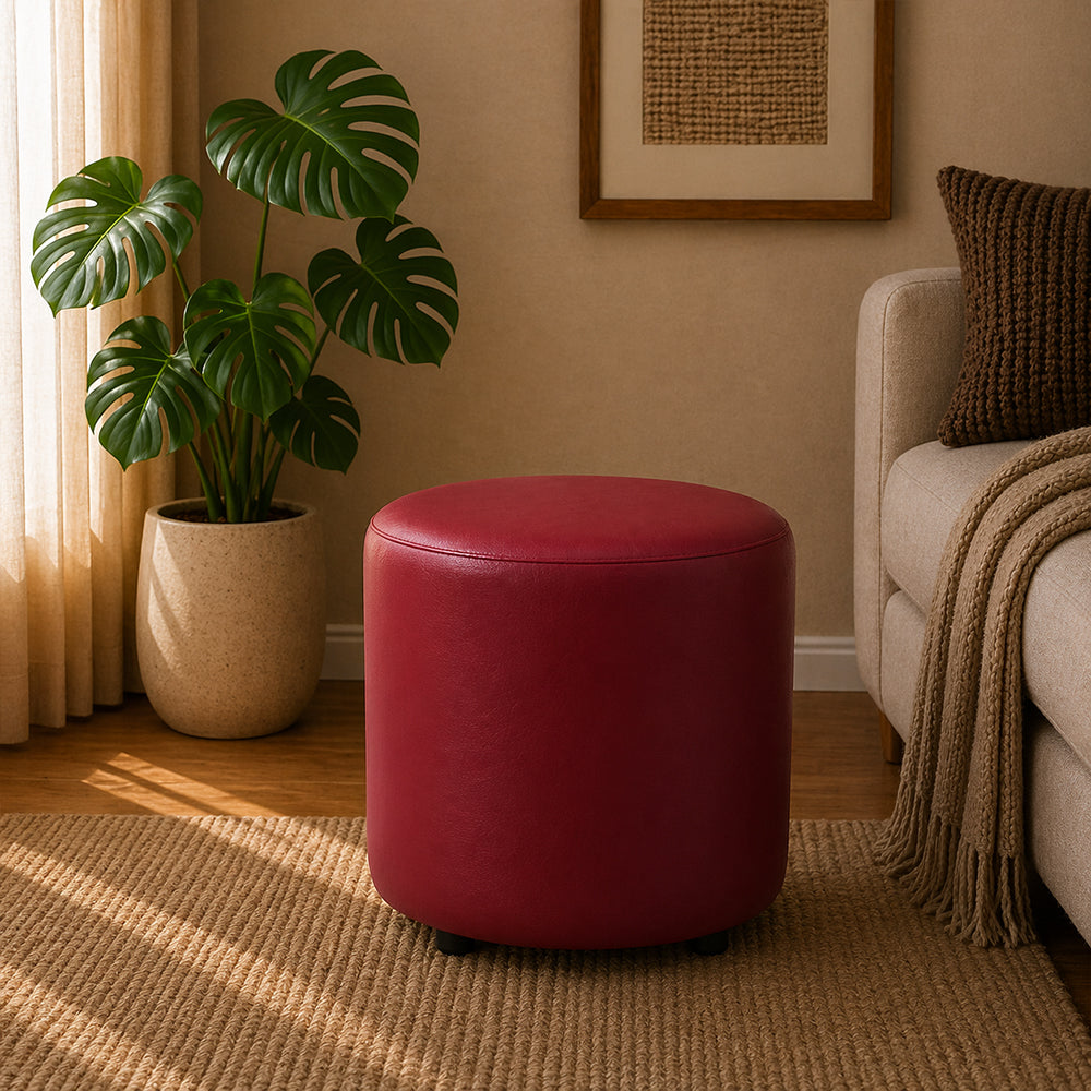 Urban Maroon Leather Round Pouf