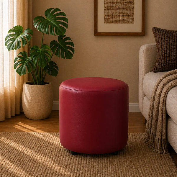 Urban Maroon Leather Round Pouf