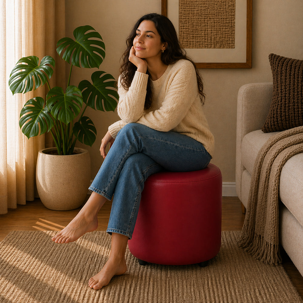 Urban Maroon Leather Round Pouf