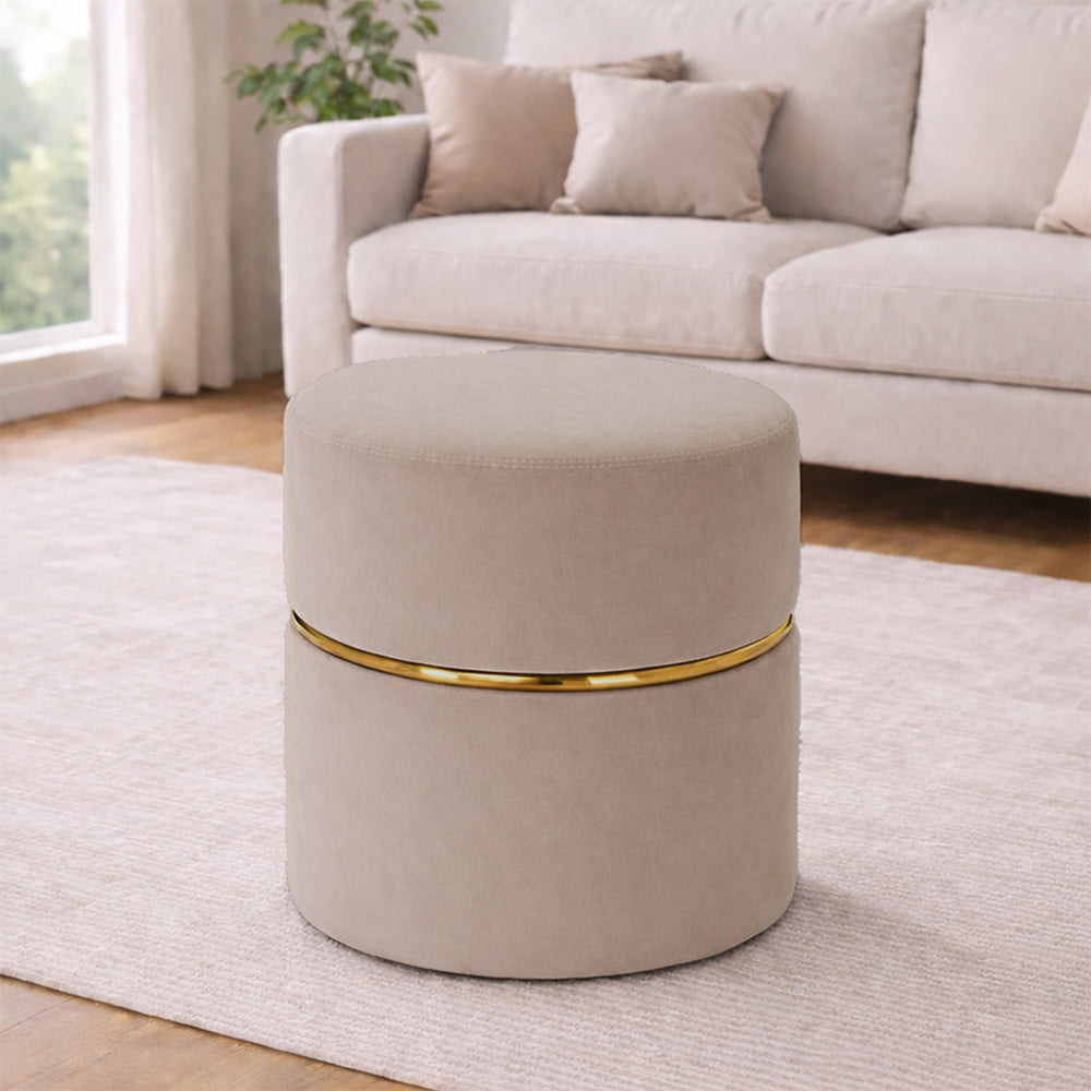 Aura Beige Velvet Round Pouf