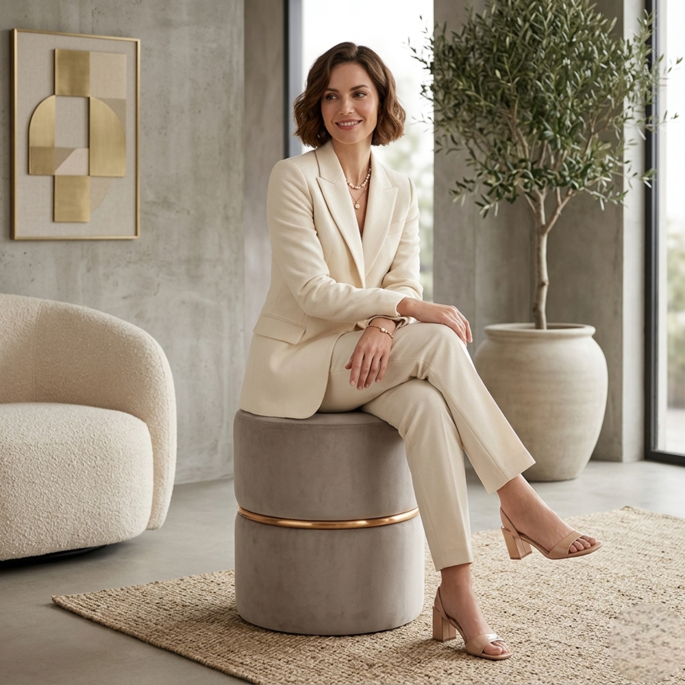 Aura Beige Velvet Round Pouf