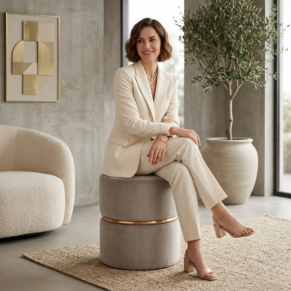 Aura Beige Velvet Round Pouf