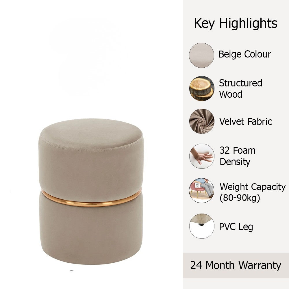 Aura Beige Velvet Round Pouf