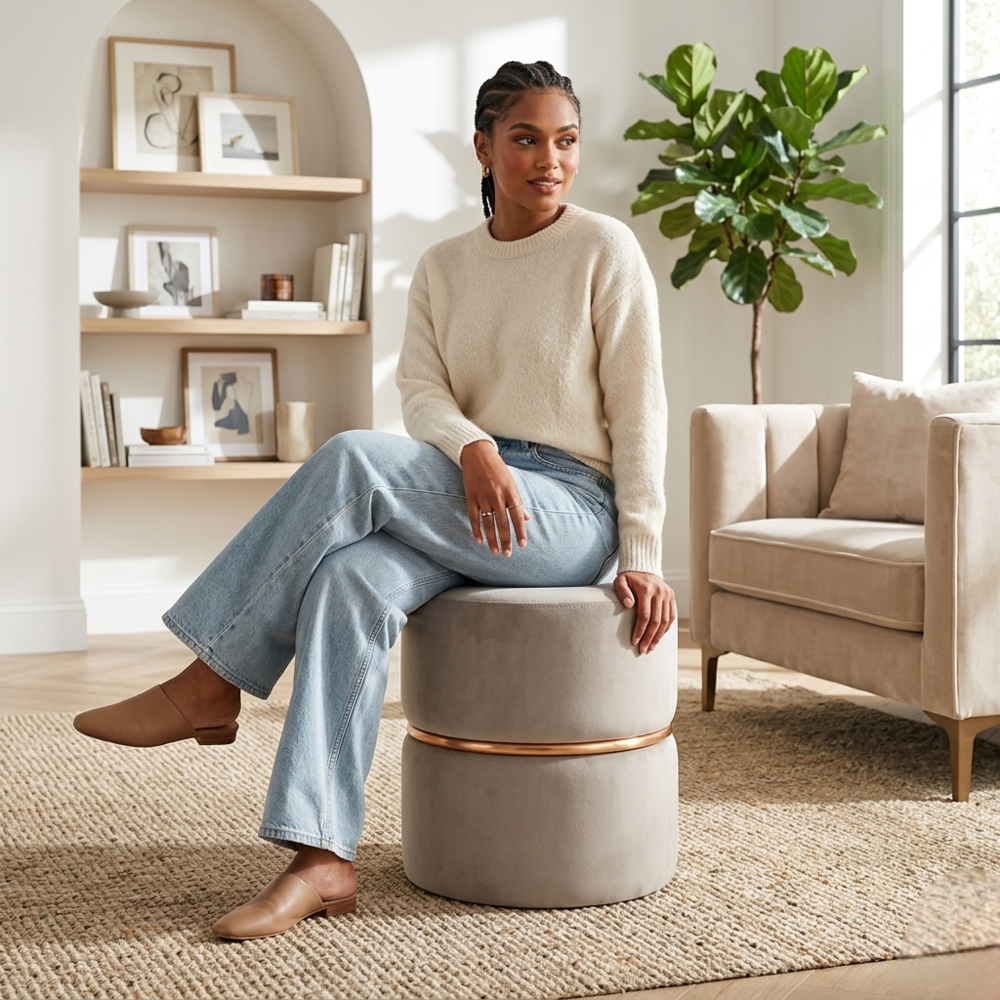 Aura Beige Velvet Round Pouf