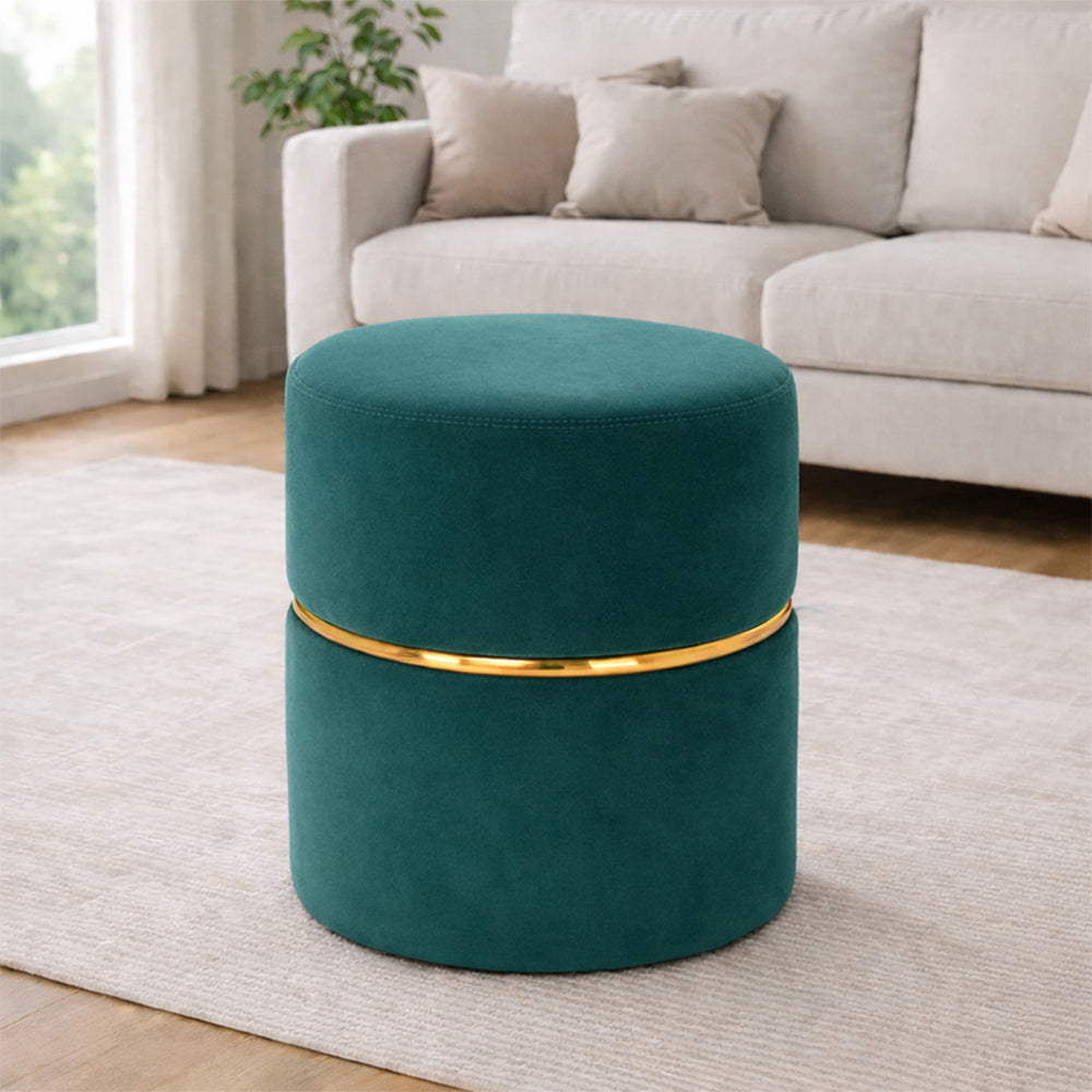 Aura Teal Velvet Round Pouf