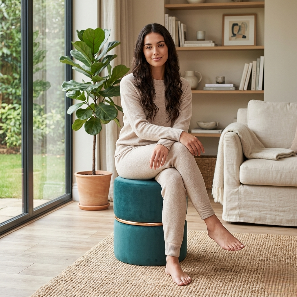Aura Teal Velvet Round Pouf