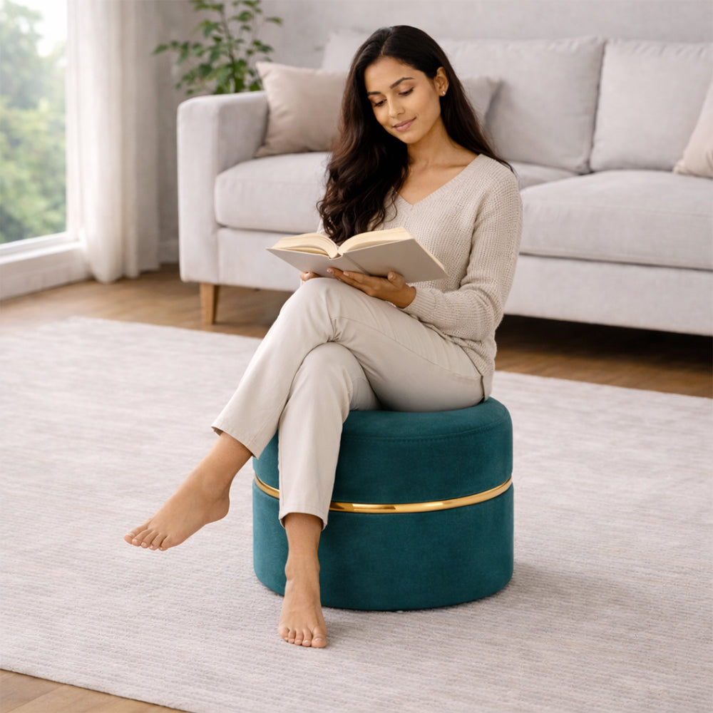 Aura Teal Velvet Round Pouf