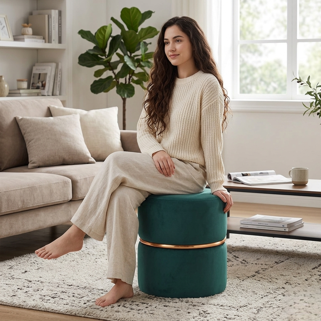 Aura Teal Velvet Round Pouf