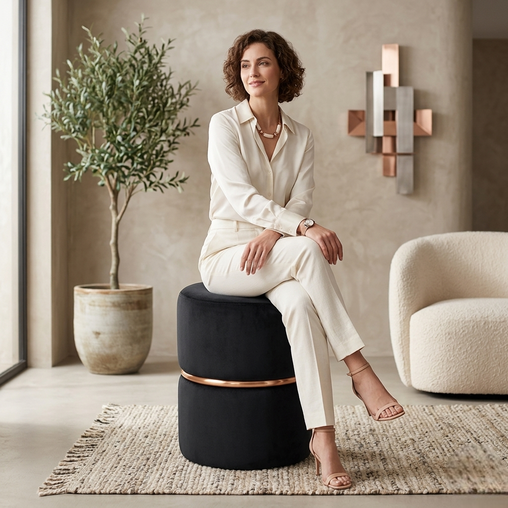 Aura Black Velvet Round Pouf