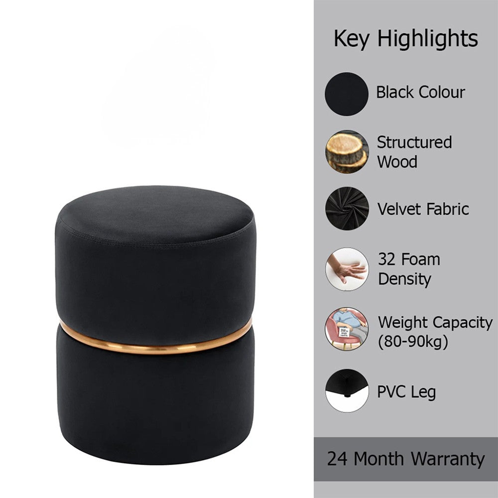 Aura Black Velvet Round Pouf