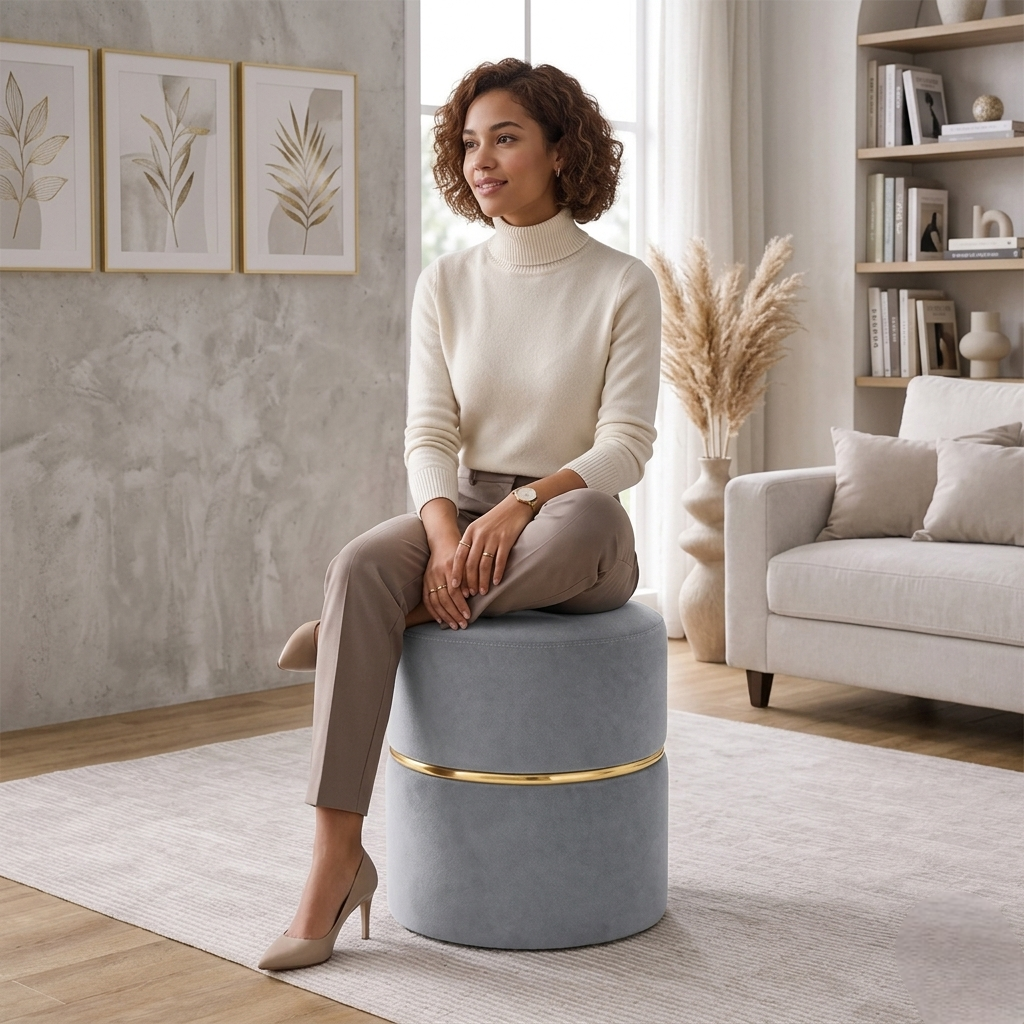 Aura Grey Velvet Round Pouf