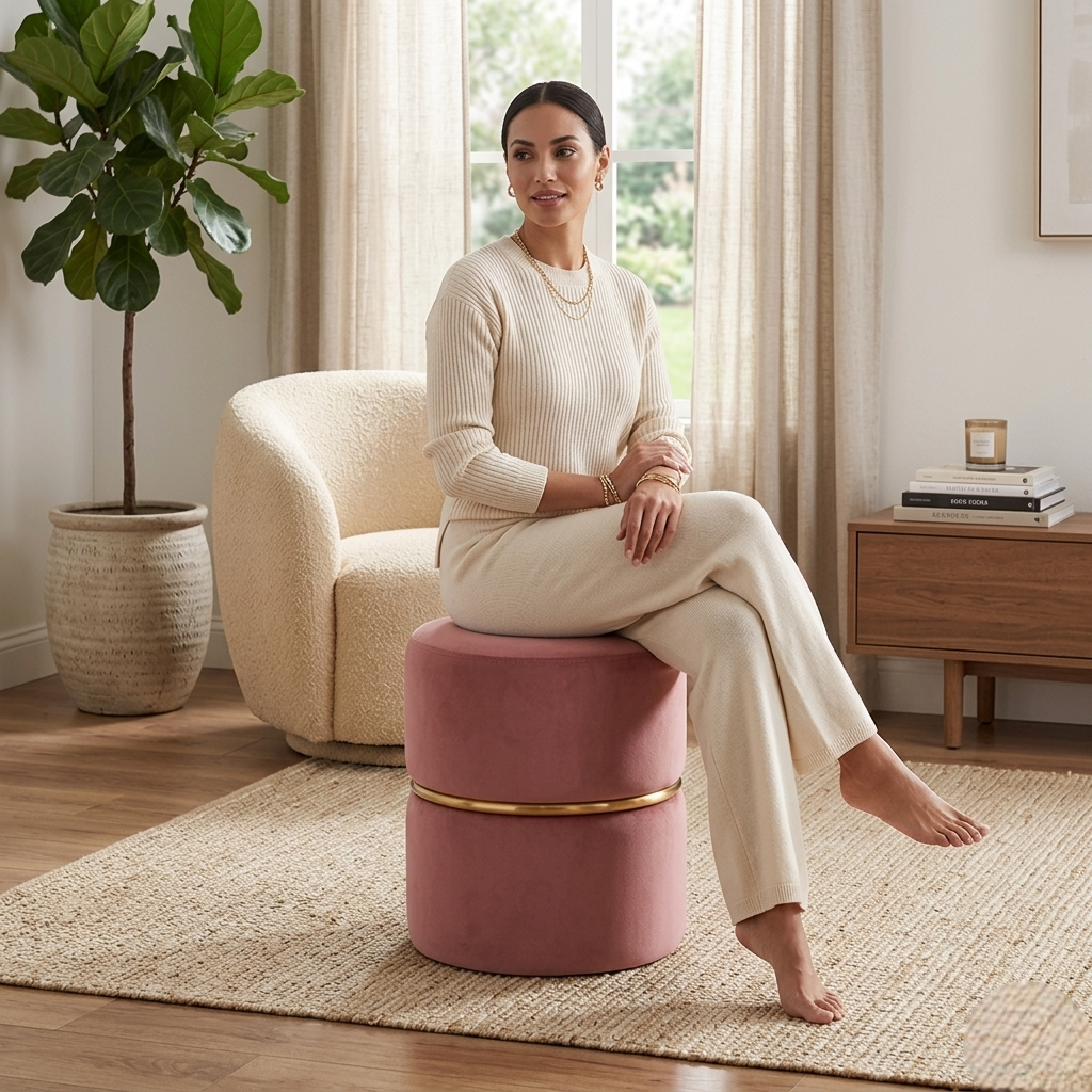 Aura Pink Velvet Round Pouf