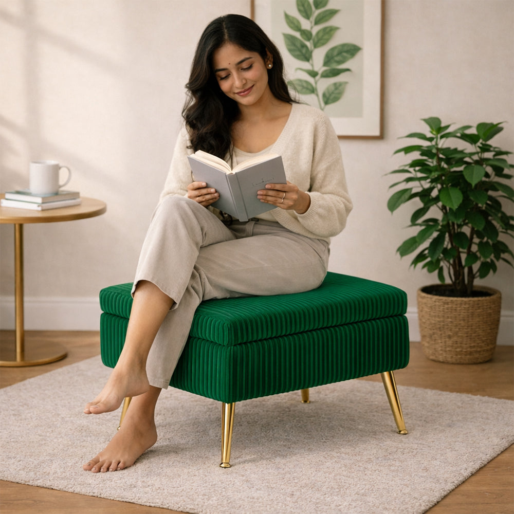 Ribora Green Velvet Storage Ottoman