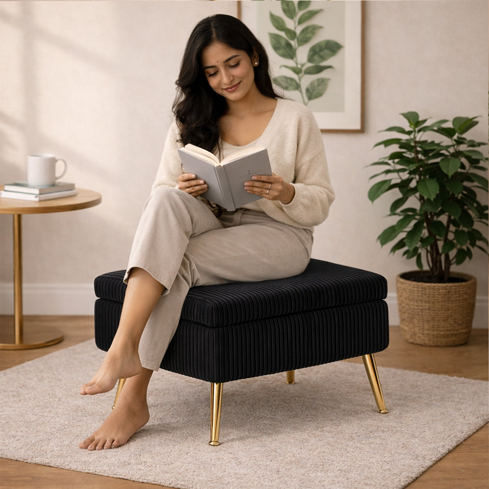 Ribora Black Velvet Storage Ottoman