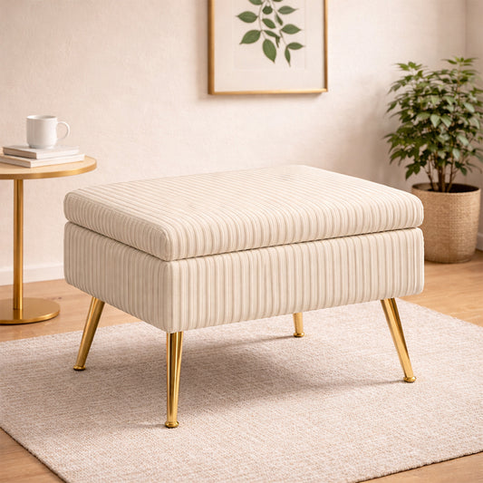 Ribora Off-White Velvet Storage Ottoman